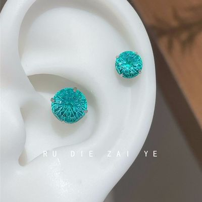 如蝶在野 帕拉伊巴蓝~6mm爆闪烟花切耳蜗钉钛钢平底8mm耳骨钉耳钉