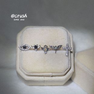 如蝶在野 天使恶魔之眼甜酷辣妹风钛钢耳骨钉十字架翅膀螺丝耳钉