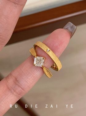 如蝶在野 中古vintage拉丝方糖锆石戒指女高级感轻奢小众开口戒