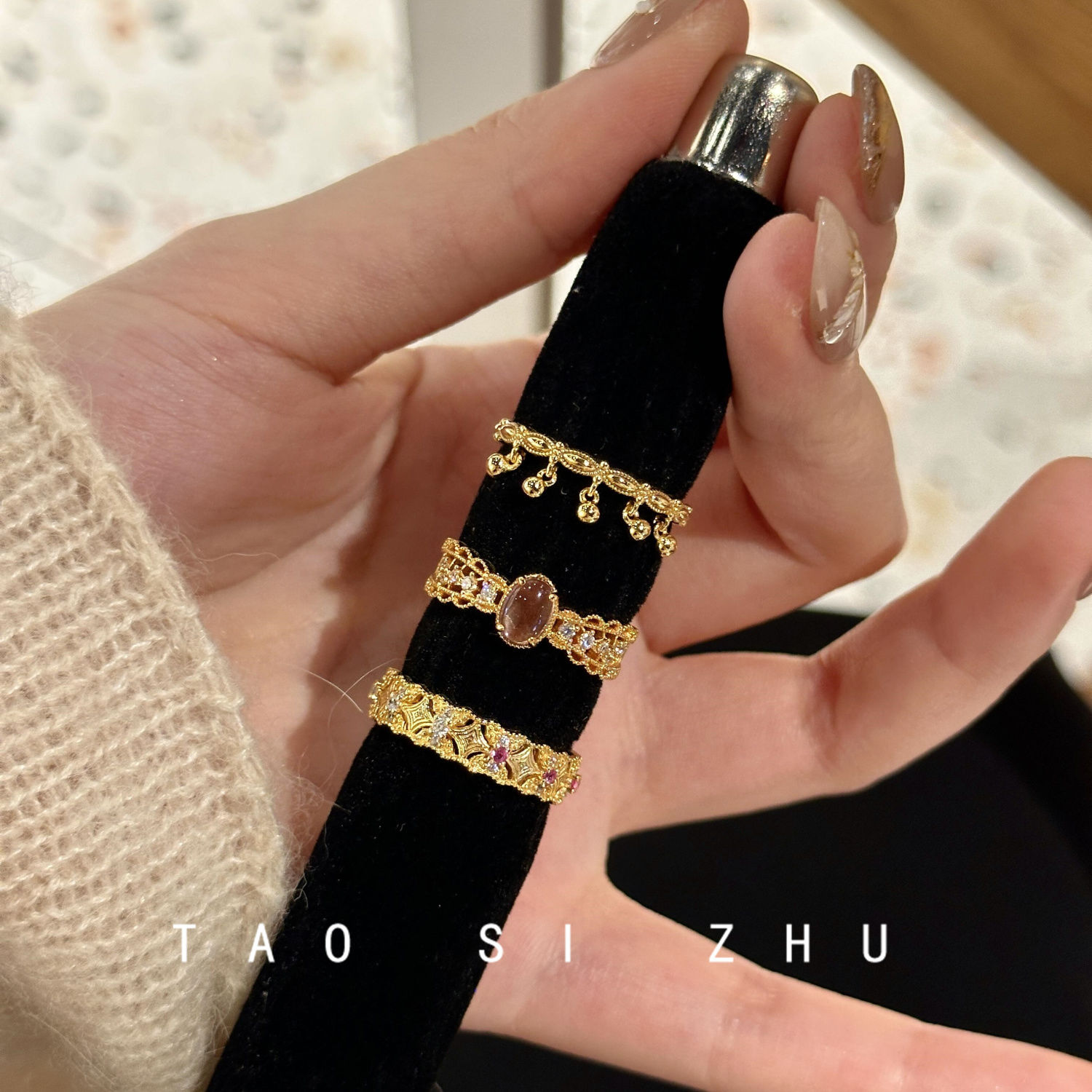 古法三件套!摇铃紫色戒指女复古轻奢小众高级感食指戒指开口戒
