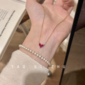 如蝶在野 斩男小心机玫红爱心项链高级感轻奢精致小众甜美锁骨链