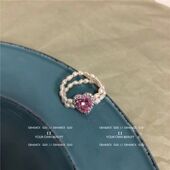 超嗲爱心形水钻串珠戒指复古女孩ins小众设计珍珠弹力手工指环女