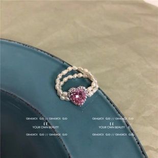 超嗲爱心形水钻串珠戒指复古女孩ins小众设计珍珠弹力手工指环女