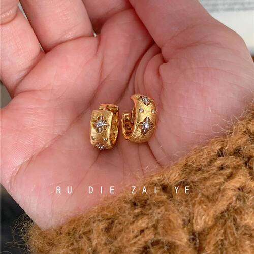 如蝶在野 中古vintage老钱布布耳扣拉丝八芒星耳钉高级感轻奢耳饰