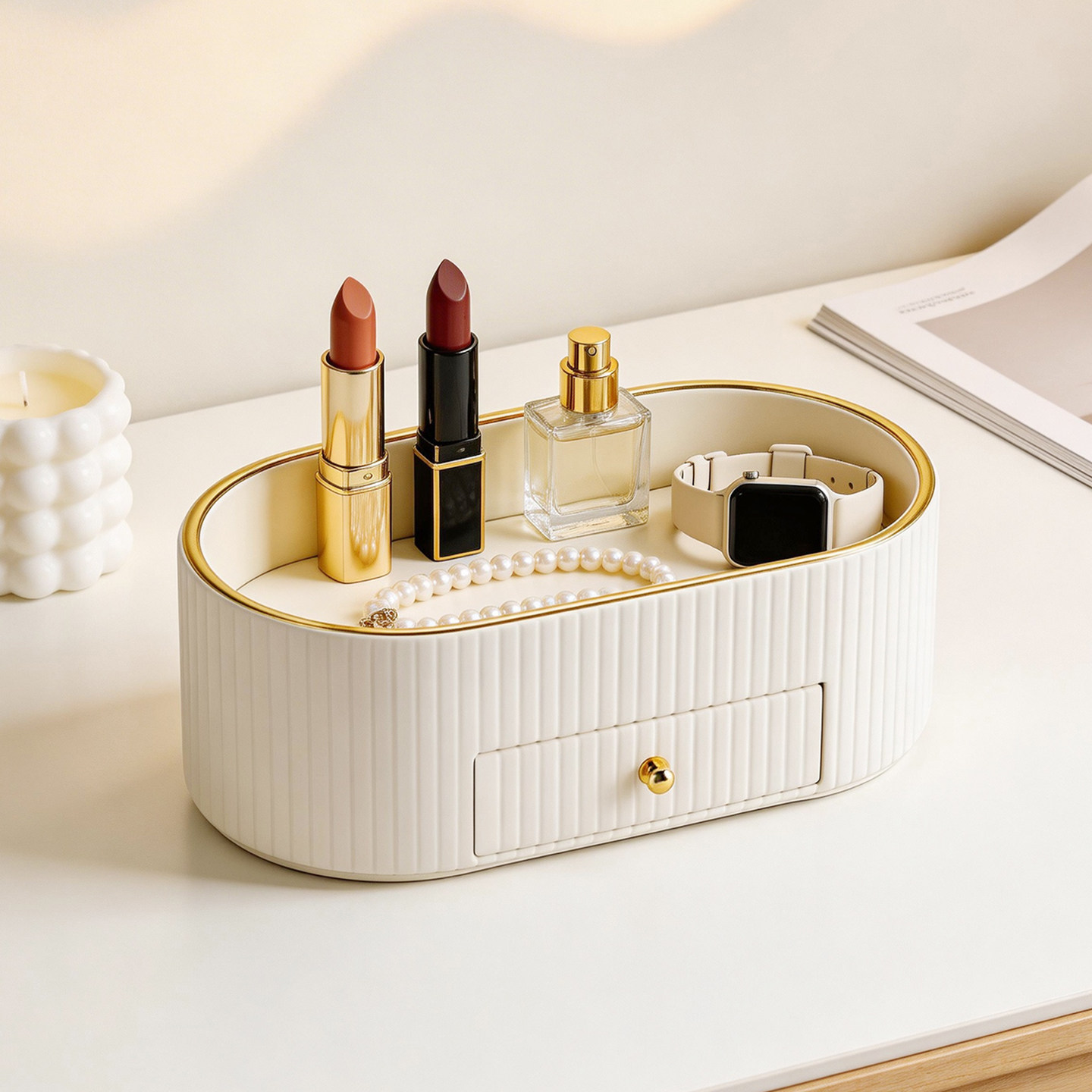 北欧极简装饰收纳盒玄关梳妆台香水口红置物架抽屉式首饰收纳摆件