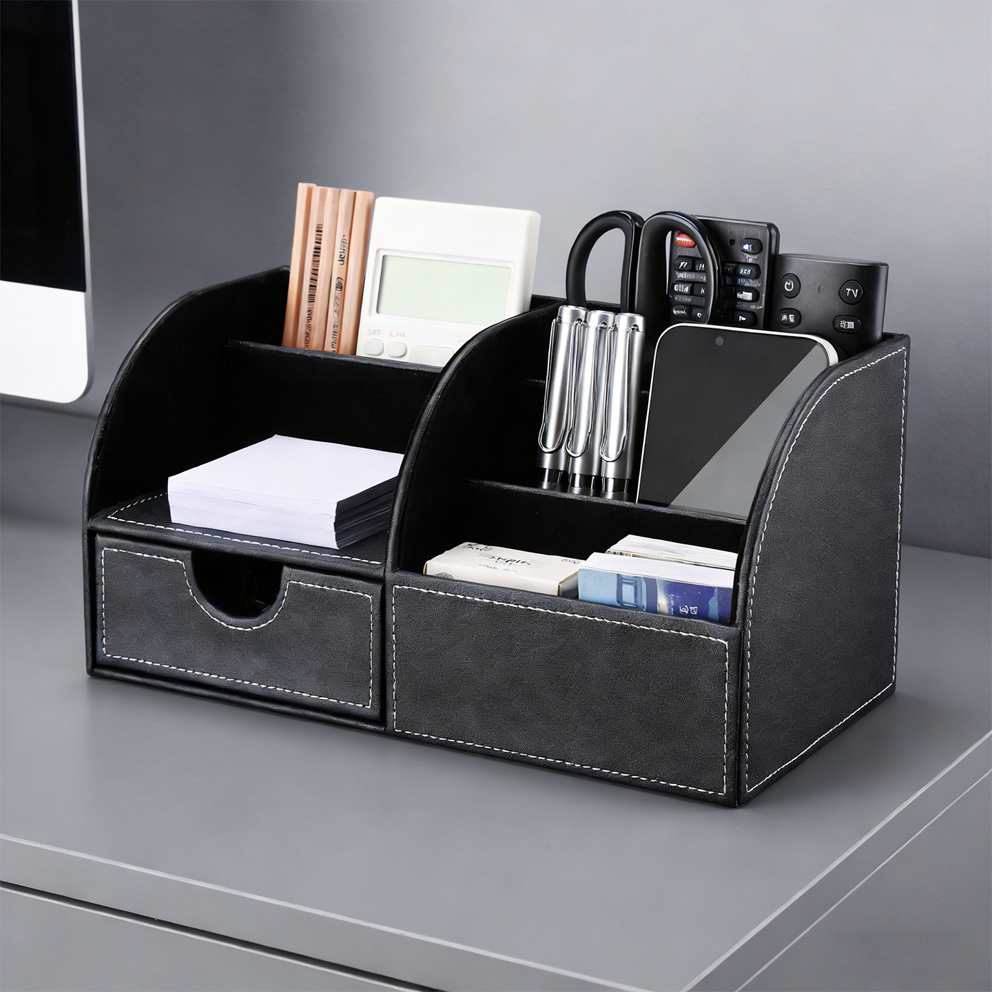 办公室多功能皮革笔筒创意抽屉式时尚书房桌面收纳盒学生极简高档