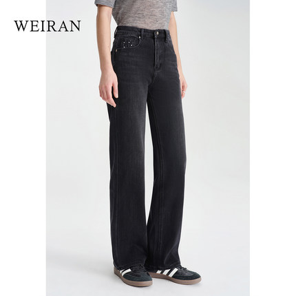 【版型chao好】黑灰色刺绣窄版阔腿牛仔裤女高腰宽松显瘦直筒长裤
