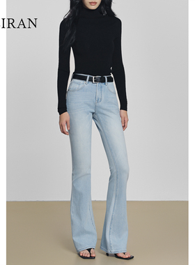 未染weiran高腰四面弹力浅蓝色紧身提臀微辣牛仔长裤女