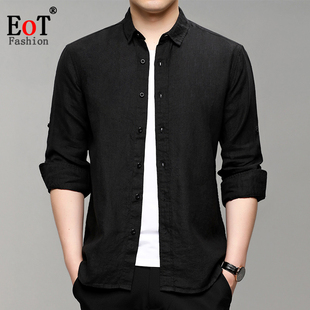 春装新款高端纯亚麻长袖衬衫男商务休闲翻领中年麻料上衣爸爸衬衣