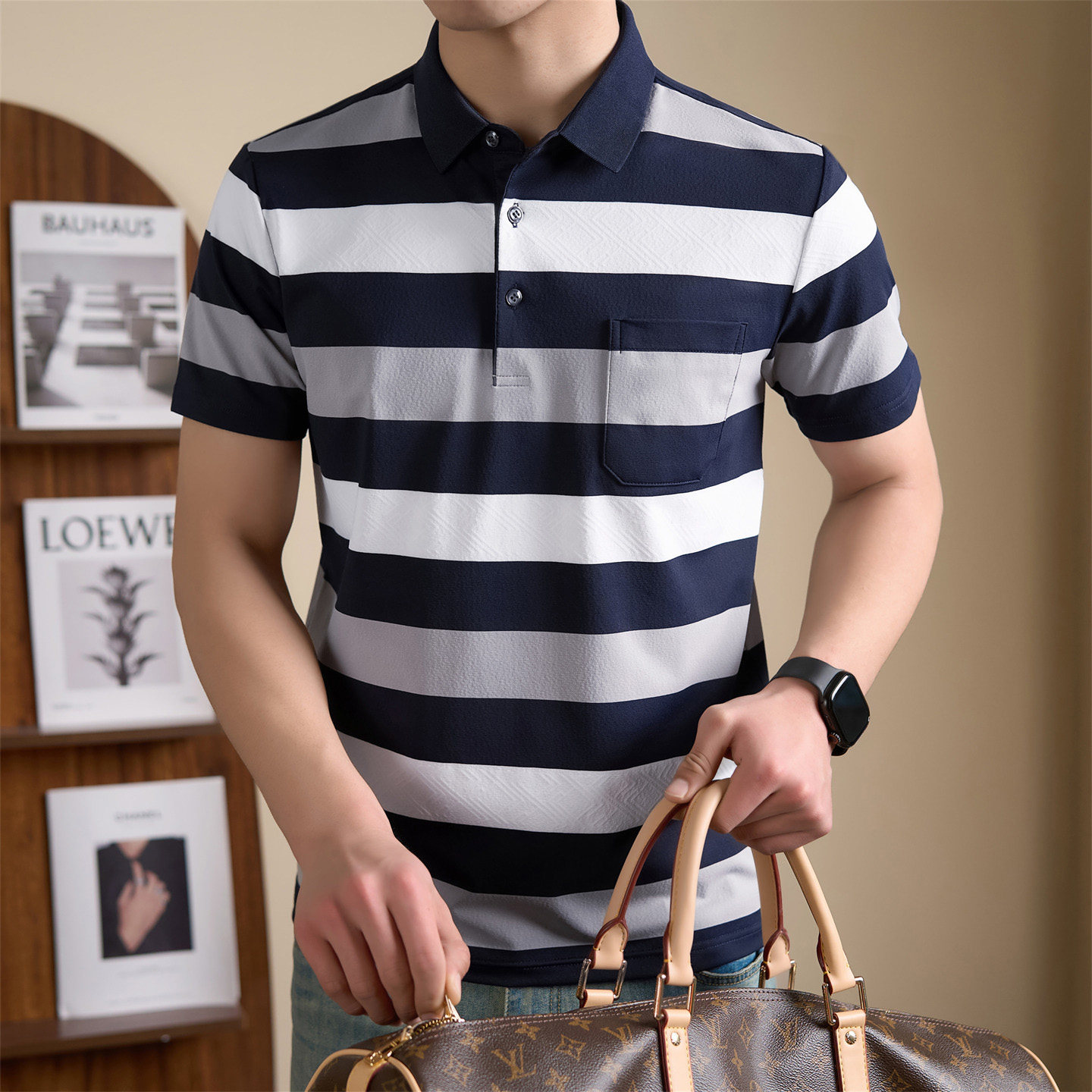 夏季新款中年男士短袖T恤翻领宽松休闲条纹POLO衫纯棉有口袋体恤