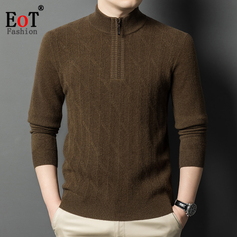 半高领100%纯羊毛衫男士毛衣冬季加厚保暖绒衫半拉链中年爸爸装男