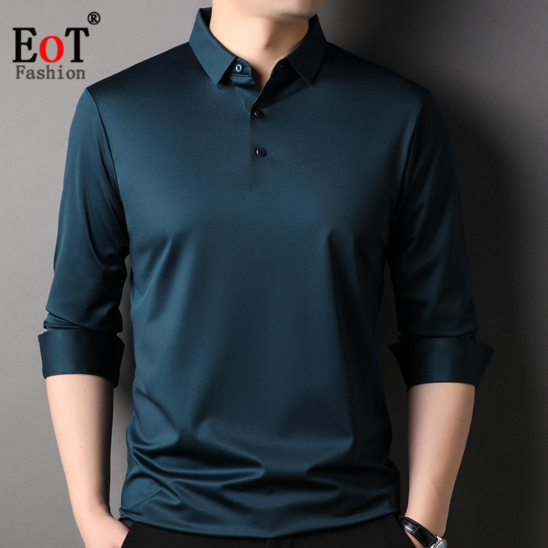 春季中年男士长袖T恤翻领宽松休闲抗皱免烫无痕薄款爸爸装体恤衫