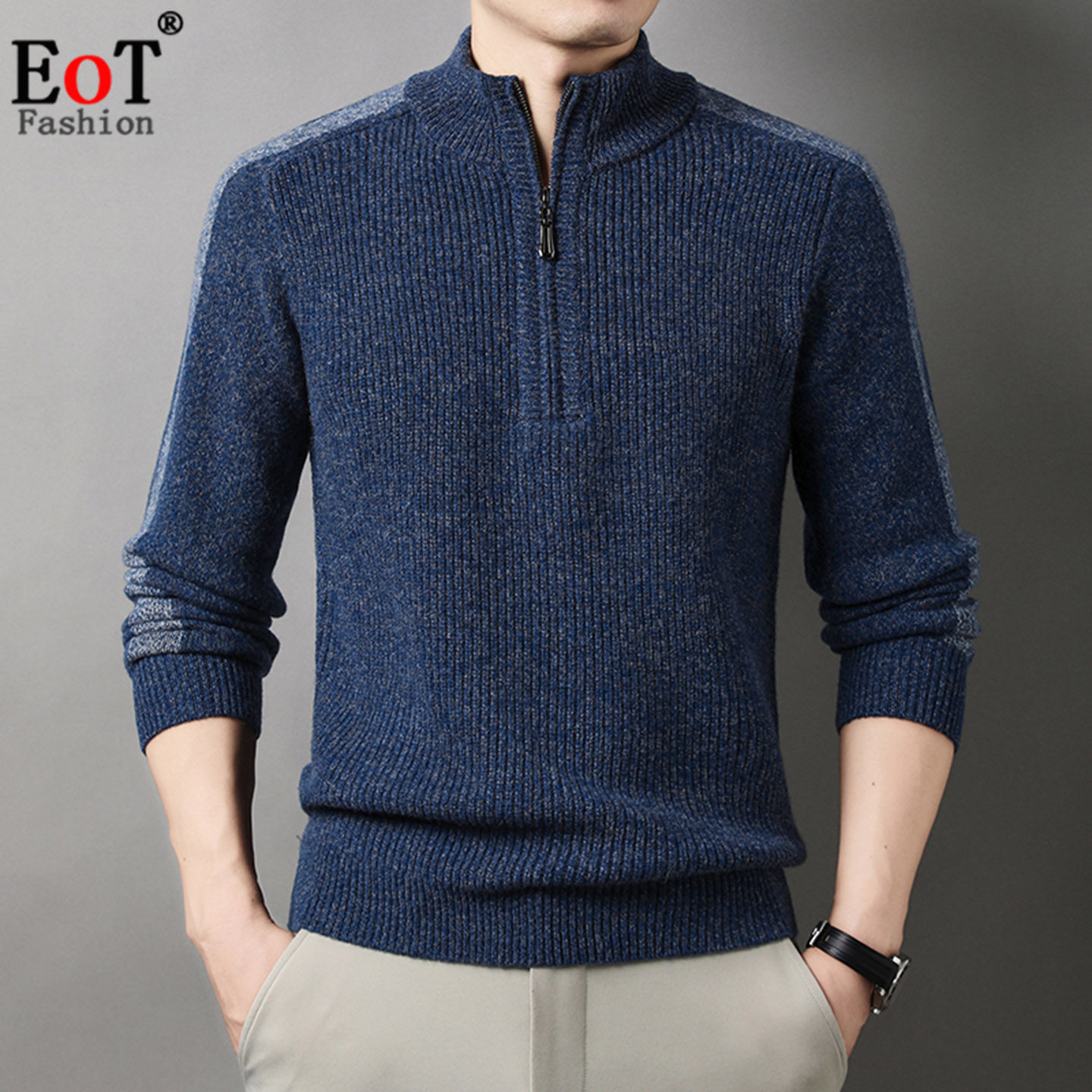 秋冬加厚保暖纯羊毛衫中年男士立领半拉链宽松休闲半高领针织毛衣