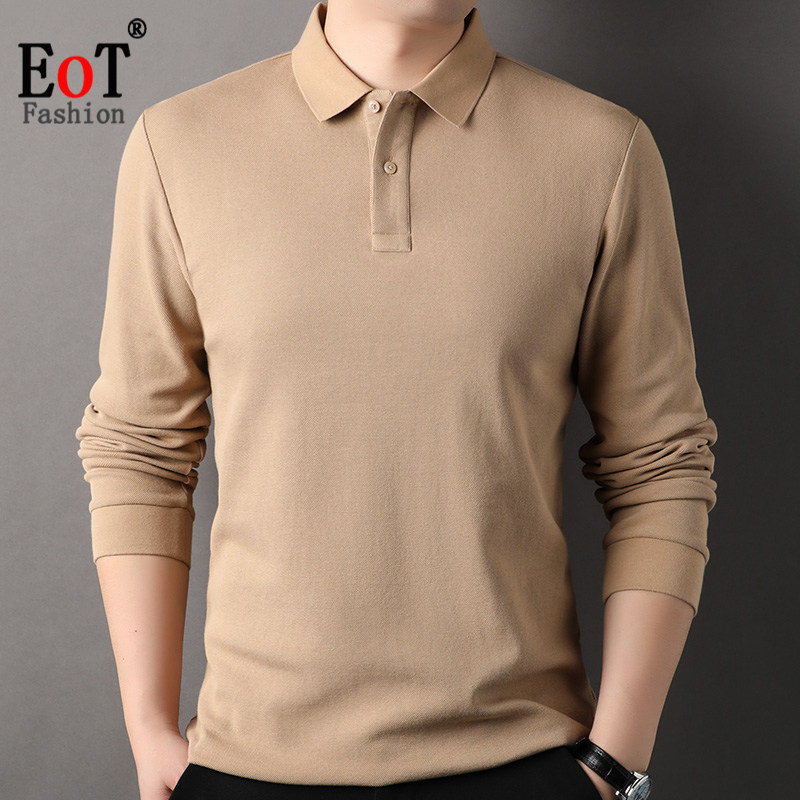 春秋纯棉长袖T恤男翻领宽松休闲纯色POLO衫中年爸爸装全棉体恤衫