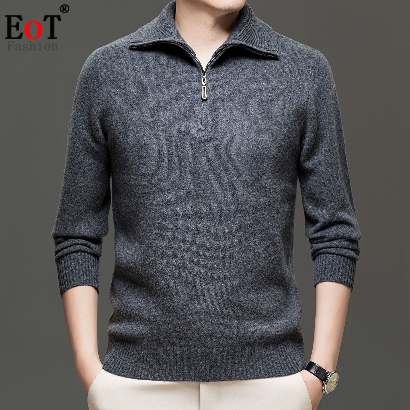 冬装新款中年男士大翻领100%纯羊毛衫加厚保暖爸爸装针织衫毛衣潮