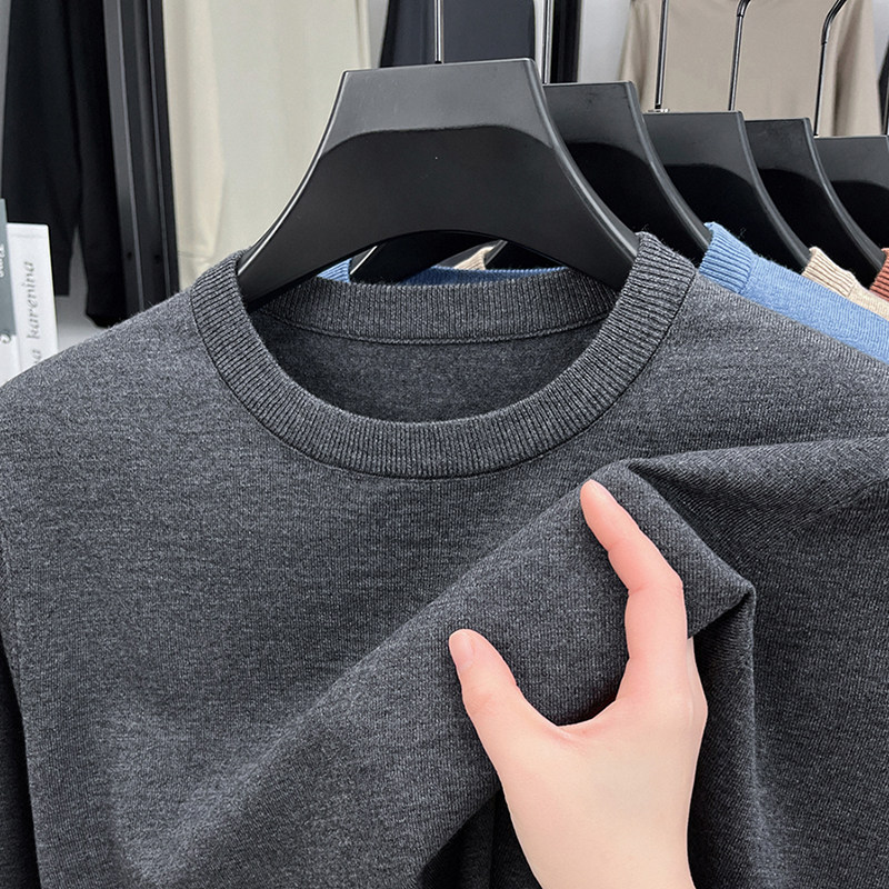 春季中年男士圆领套头针织长袖T恤薄款丝光羊毛衫纯色宽松体恤衫