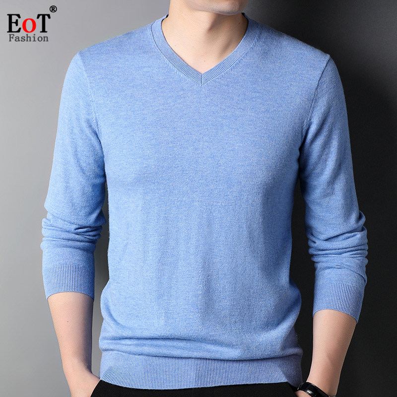 100%纯羊毛衫鸡心领针织长袖T恤纯色休闲V领薄毛衣套头男士打底衫