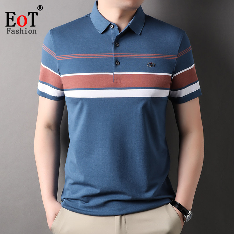 中年男士纯棉短袖T恤翻领宽松休闲polo衫条纹排汗透气半袖体恤衫