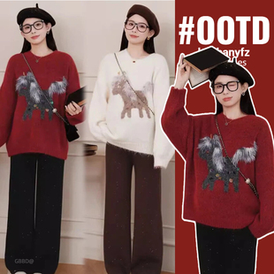 韩系宽松显瘦针织衫 新款 卡通提花圆领毛衣上衣春冬季 2025孕妇装