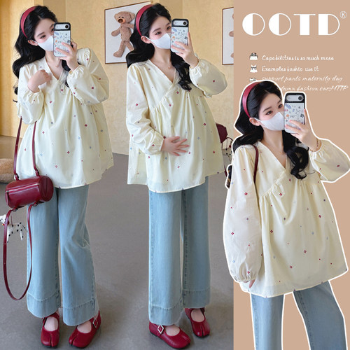 2026春季新款孕妇装气质贵气宽松遮肚显瘦刺绣娃娃衫百搭遮肚上衣