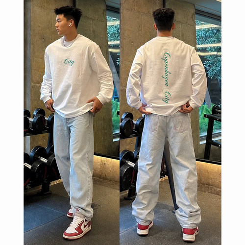 美式竖排字母印花重磅纯棉长袖男