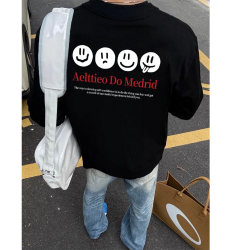 美式重磅纯棉笑脸印花长袖T恤男