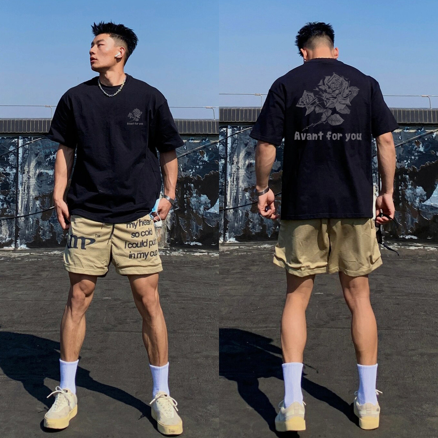 美式虚化玫瑰花印花270g重磅纯棉男夏季短袖t恤潮流痞帅宽松上衣
