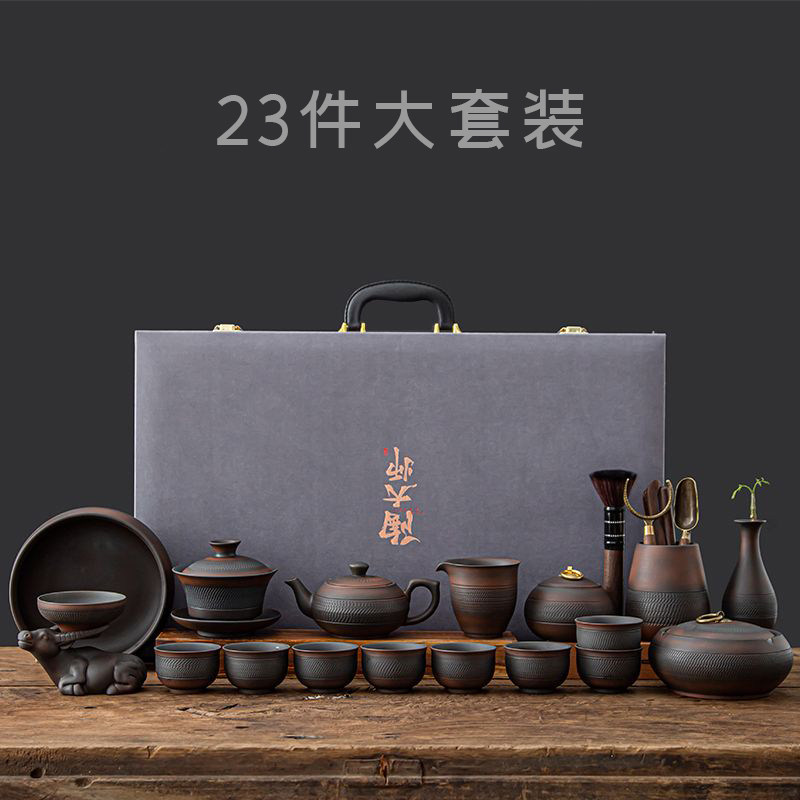 建水紫陶功夫茶具套装紫砂陶瓷全手工茶壶茶杯茶叶罐茶洗盖碗整套