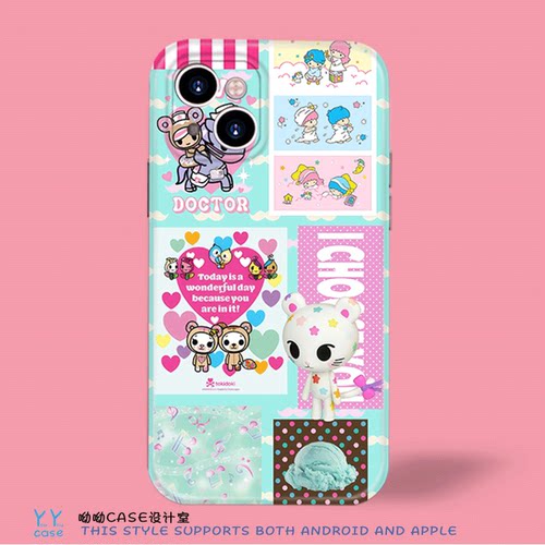 卡通可爱马卡龙撞色拼贴甜酷少女插画适用iPhone18promax苹果17菲林光面全包opporeno6vivos30安卓手机玻璃壳