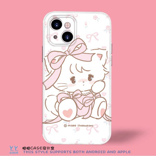ins卡通mikko粉色蝴蝶结温柔少女心猫咪适用iPhone18promax全包菲林光面opporeno16vivos30iqooneo10手机软壳