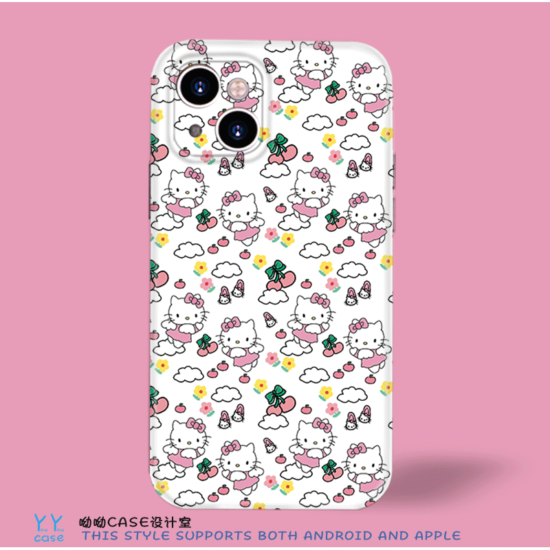 粉色可爱卡通樱桃kitty适用iPhone16promax苹果14大孔镜面亚克力背板17全包菲林华为p70nova13小米15手机软壳