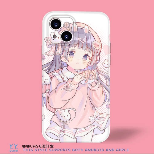 二次元卡通可爱粉裙小兔洛丽塔女孩适用iPhone18promax苹果13全包菲林光面opporeno14vivoZ5ioppoA96手机软壳
