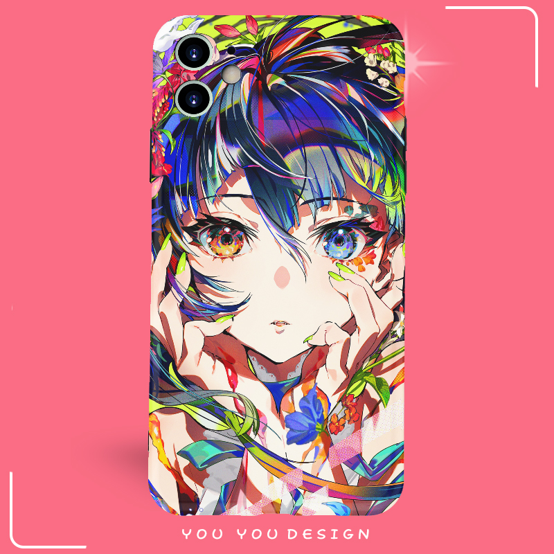 日系插画多彩女孩适用iPhone16promax苹果15全包光面软壳安卓小米14至尊版华为Pura70iqooZ9Turbo玻璃手机壳