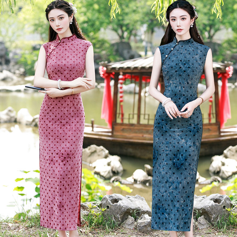 无袖波点改良旗袍夏季复古立领斜襟盘扣修身显瘦气质新中式连衣裙