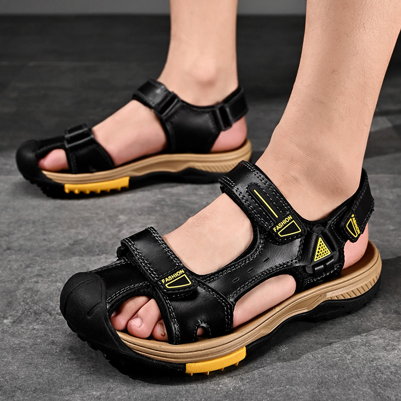 SANDALS MENS TRENDY SUMMER LEATHER SOFT SOLE ANTI-ODOR OUTSIDE ATHLEISURE MENS OUTDOOR BAOTOU COWHIDE BEACH SHOES