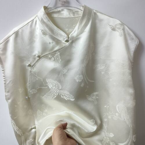 真丝提花缎立领国风上衣女桑蚕丝新中式短袖缎面复古国风盘扣衬衣