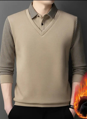 今泽百货男装秋冬季男士加绒加厚保暖毛衣衬衫领假两件针织打底衫