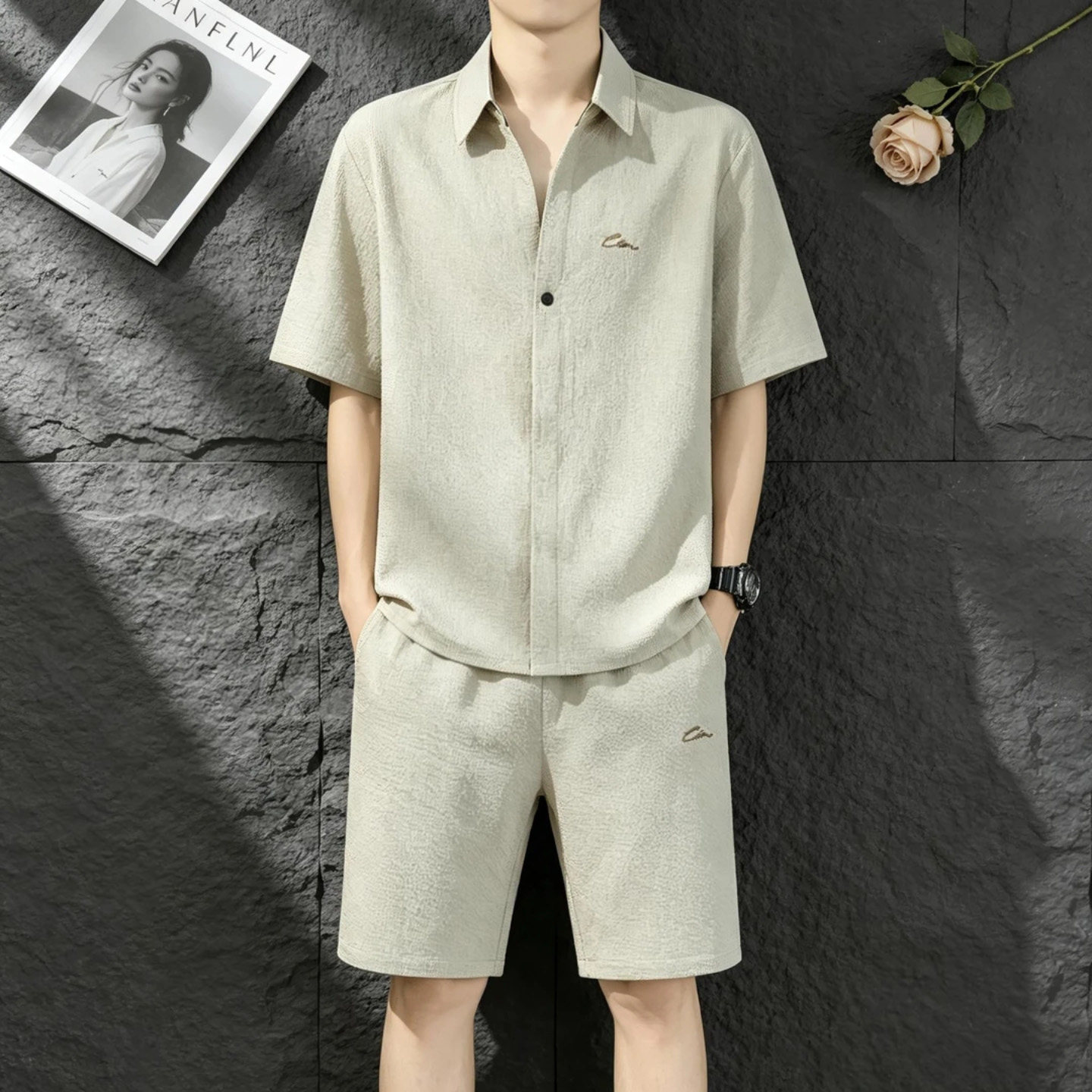 陆海丰大码男装夏季新款轻薄男士休闲运动套装时尚短袖短裤两件套