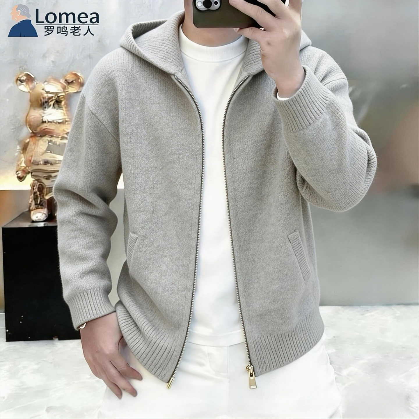 LOMEA罗鸣老人品牌男装2026秋季新款男士百搭连帽针织开衫外套潮