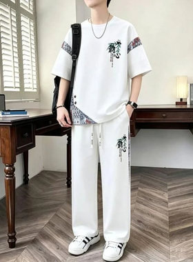 麦麦精选男装男士短袖套装夏季潮流新中式国风休闲运动长裤两件套