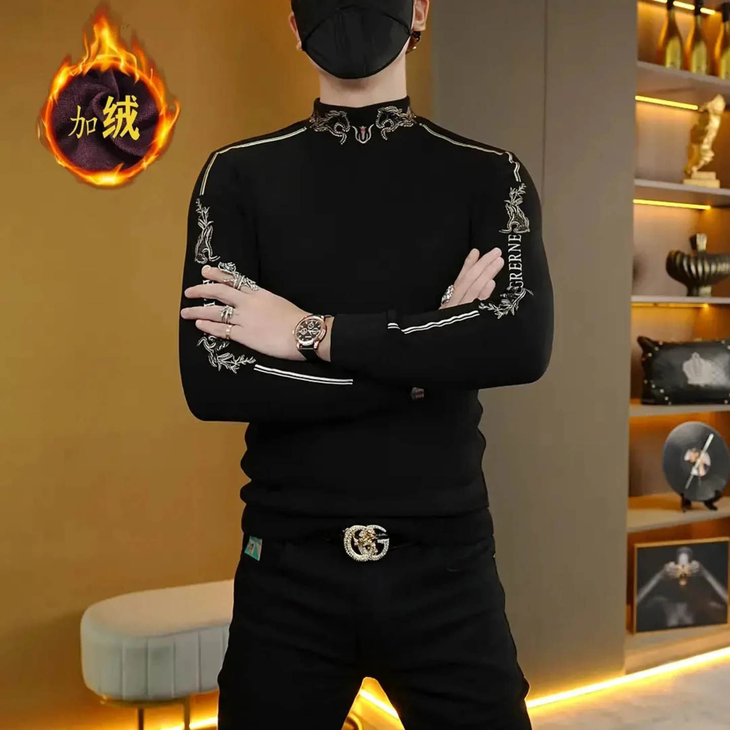 天骏百货男装高档商务T恤冬季烫金刺绣卫衣男修身薄绒半高领长袖
