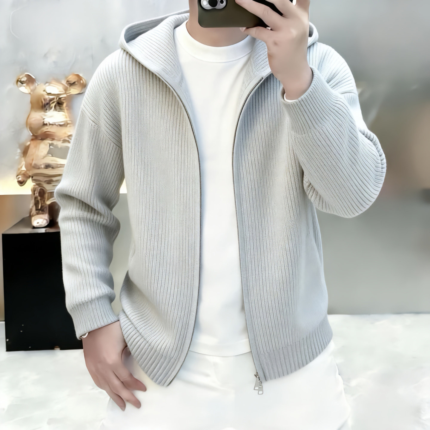 恒清男装宏嫩男士高档连帽针织开衫春秋新款时尚简约百搭毛衣外套