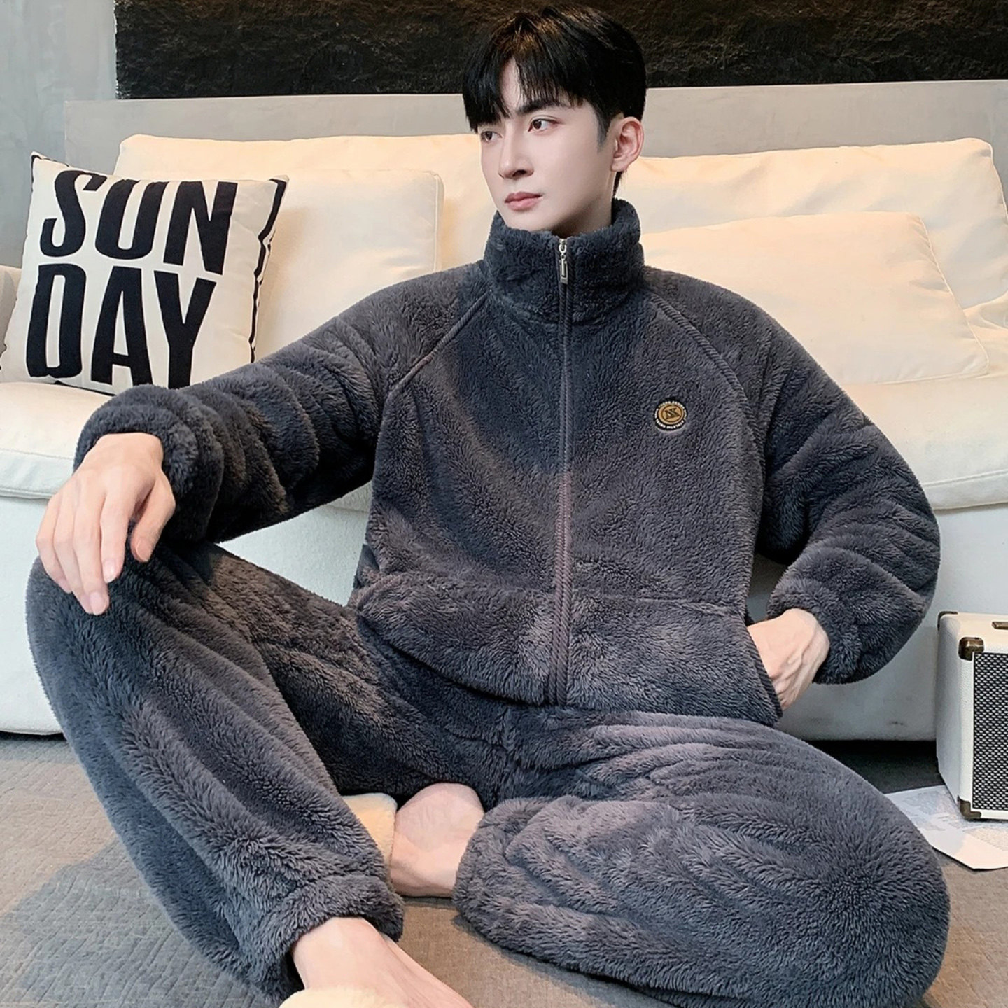 点击率睡衣男士秋冬款法兰绒加厚加绒保暖立领冬天连帽家居服套装