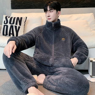 点击率睡衣男士秋冬款法兰绒加厚加绒保暖立领冬天连帽家居服套装