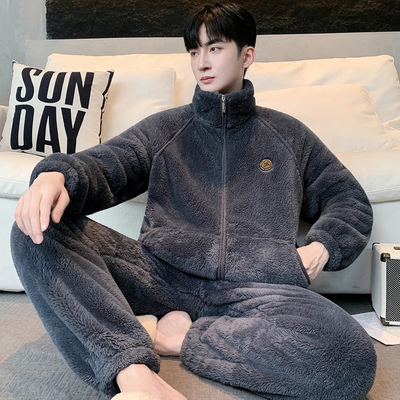 点击率睡衣男士秋冬款法兰绒加厚加绒保暖立领冬天连帽家居服套装