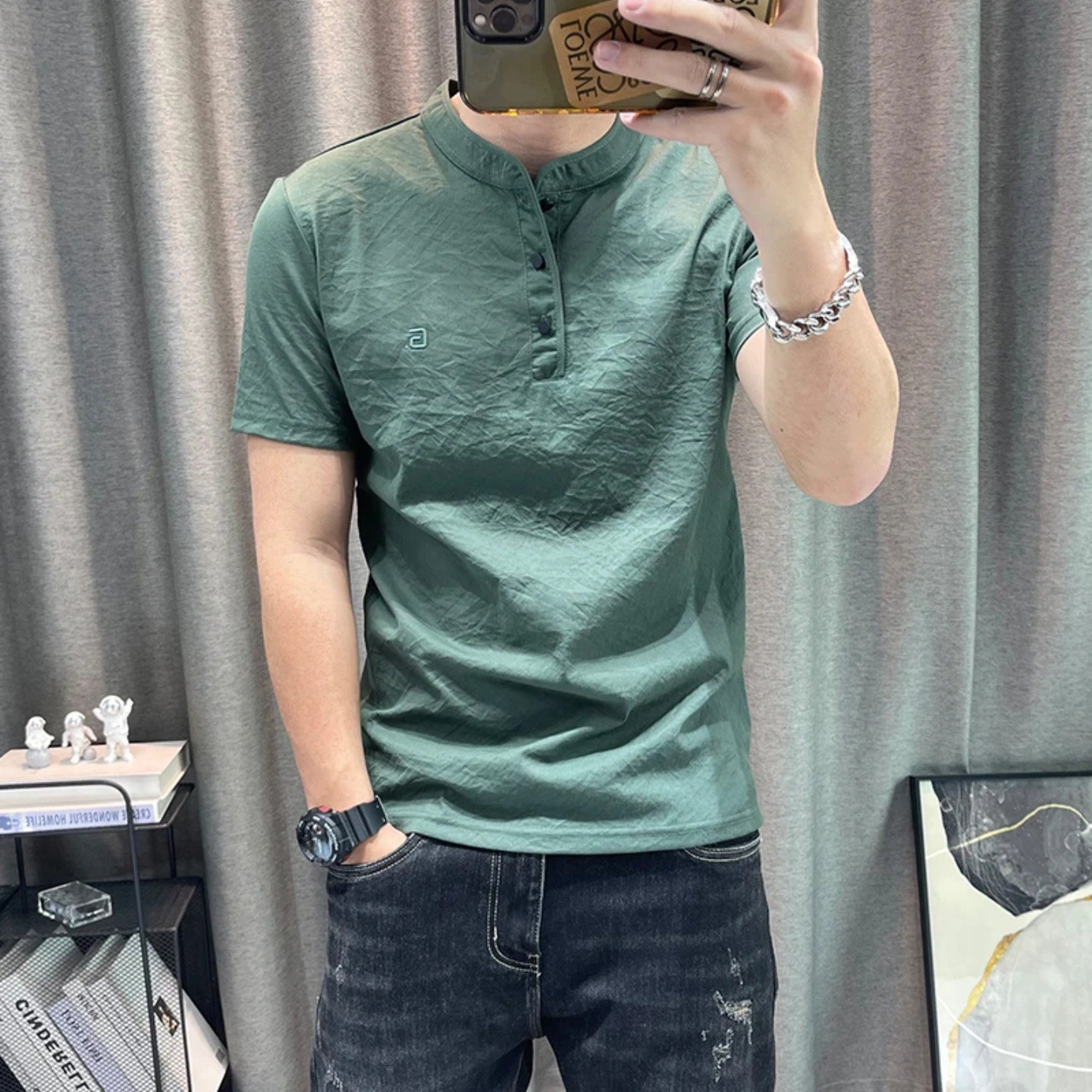 宏嫩优购男装夏季新款高档商务男士短袖立领休闲棉麻薄款T恤衫潮
