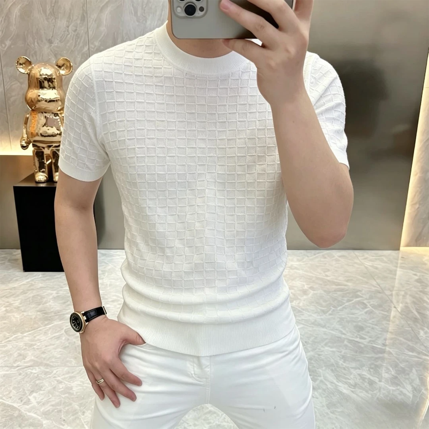 飞梦精品男装男士冰丝方格针织短袖夏季薄款透气圆领T恤修身上衣