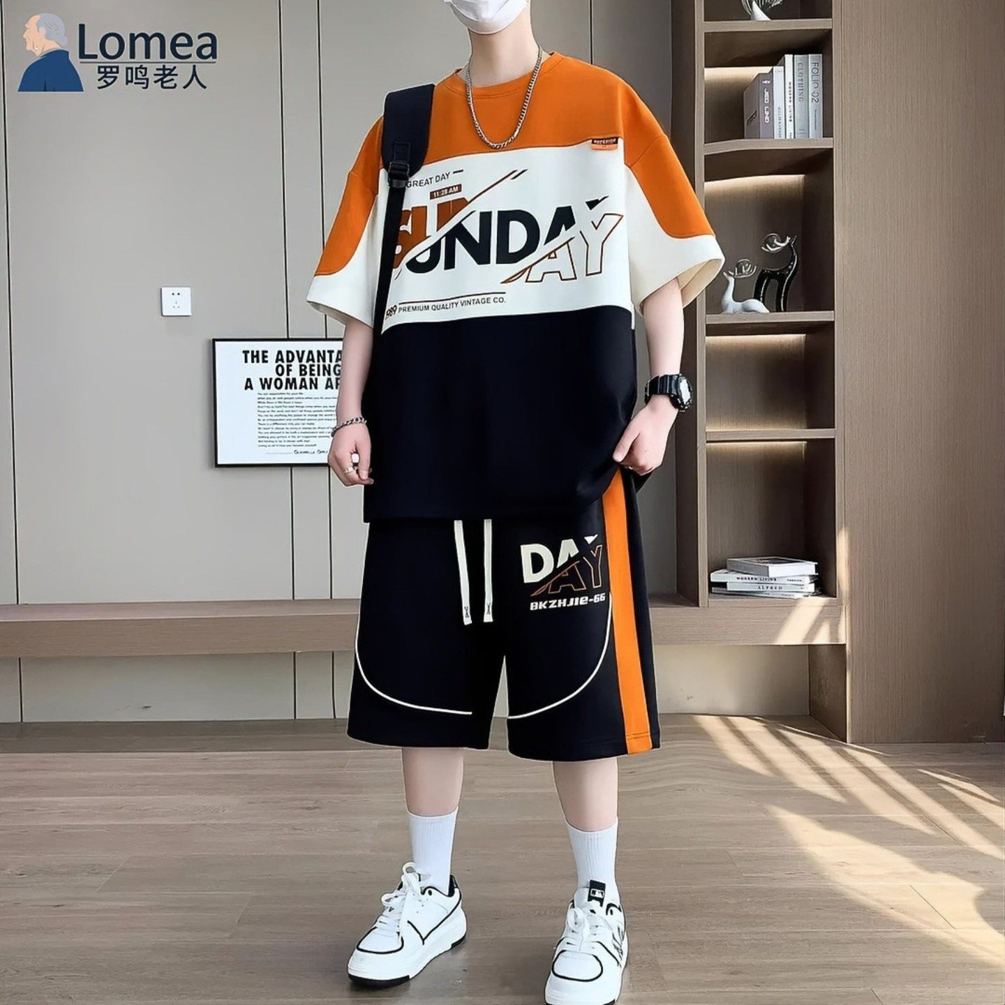 LOMEA罗鸣老人品牌男装男士短袖套装夏季宽松字母印花短裤两件套