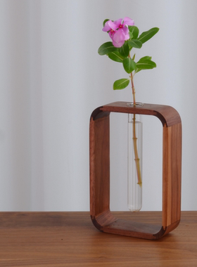 北美黑胡桃实木试管花瓶客厅透明玻璃桌面摆件富贵竹绿萝水培花器