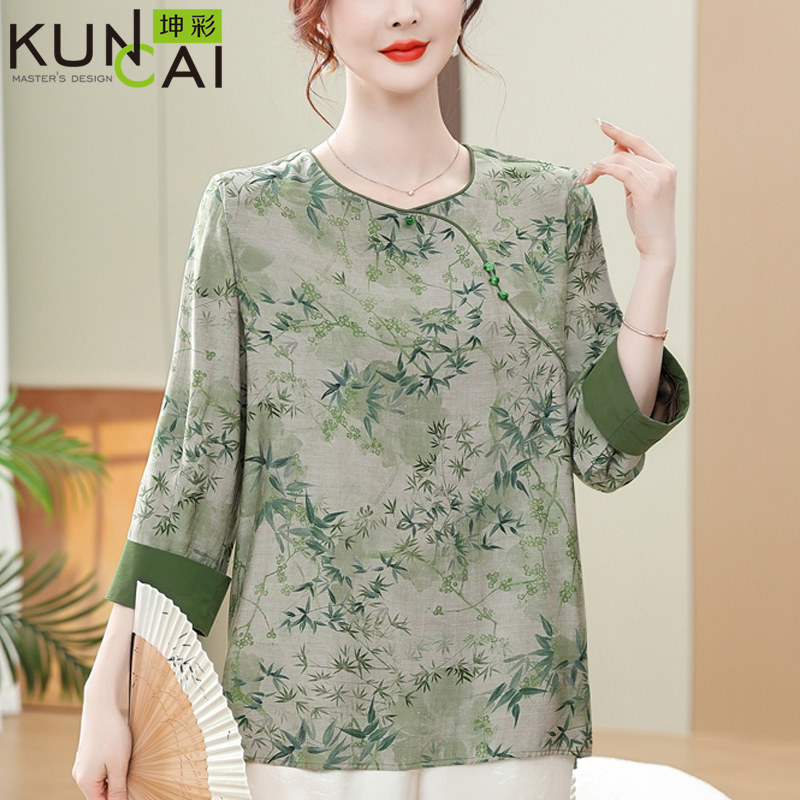 洋气妈妈夏装雪纺衬衫短袖t恤中老年女国风气质上衣2025新款小衫